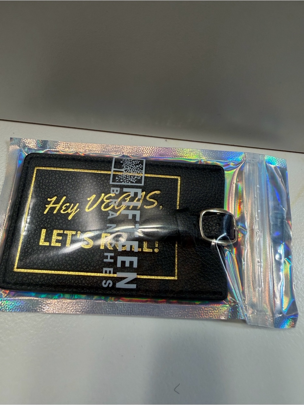 Black Leatherette Luggage Tag with Gold Foil “Hey VEGAS, Let’s Roll!” Text